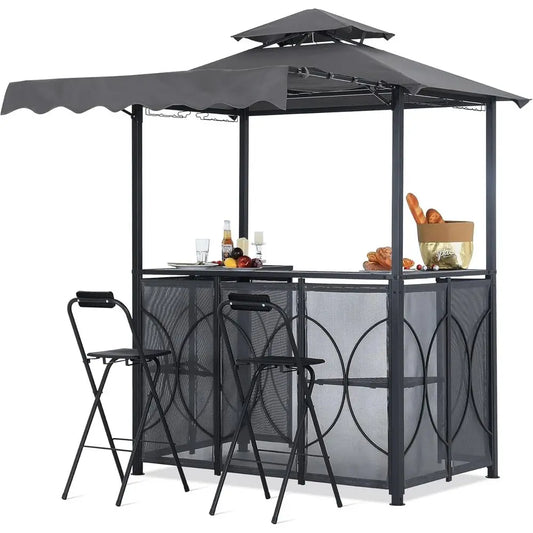 Grill Gazebo with Extra Awning - 6.4'x6.8' Outdoor BBQ with Bar Table and 2 oldable Chairs, Barbecue with LED Lights or Backyard