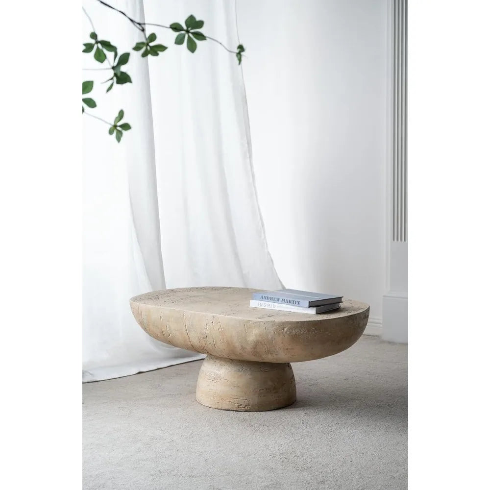 36" Oval Coffee Table, Modern Faux Stone Circle Center Table Accent Travertine Tea Table for Living Room, Magnesium, Customized