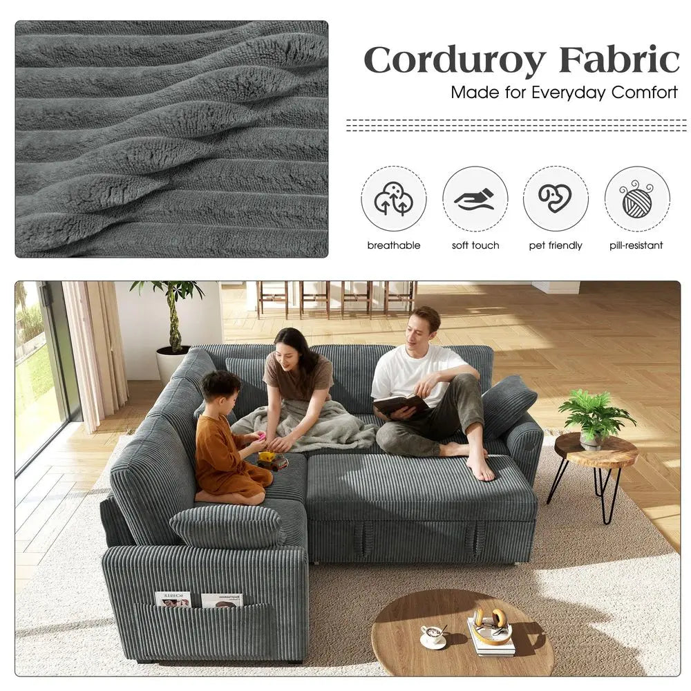 83inch 5Seater Large Sectional Sofa Bed with Storage, Corduroy Reversible Modular Sleeper Sofa with USB Port amp 4 Pillows, Con