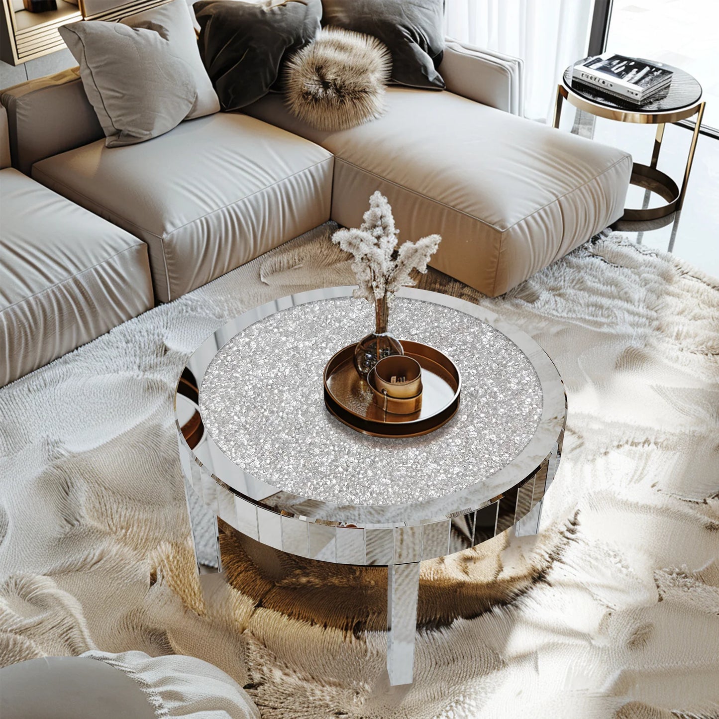 Modern Round Mirrored Coffee Table With Crystal Inlay And Glass