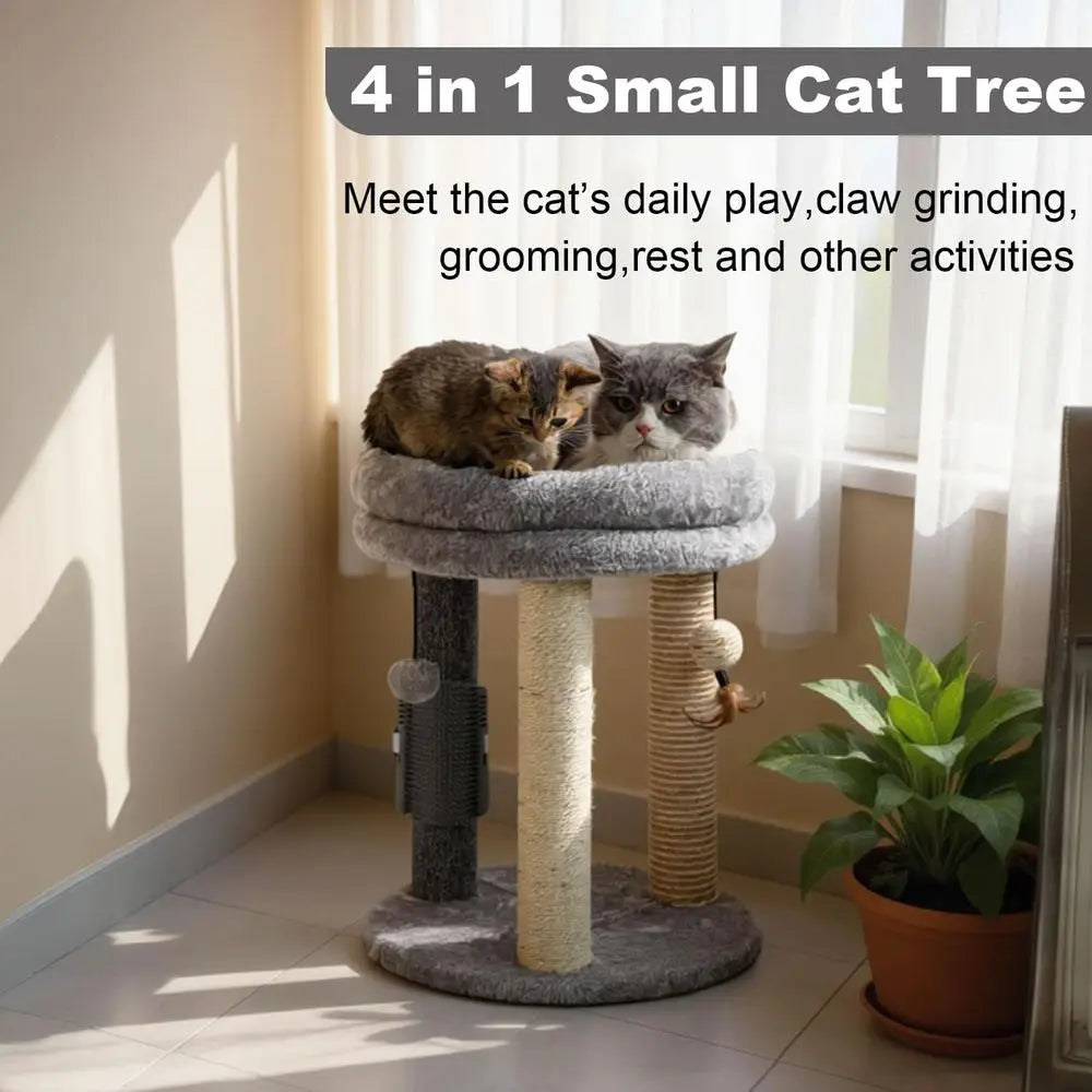4in1 Small Cat Tree, Scratching Post with Tower Sot Bed, Sisal Carpet Jute Posts, Three Hanging Ball Toys and Massage Brush for