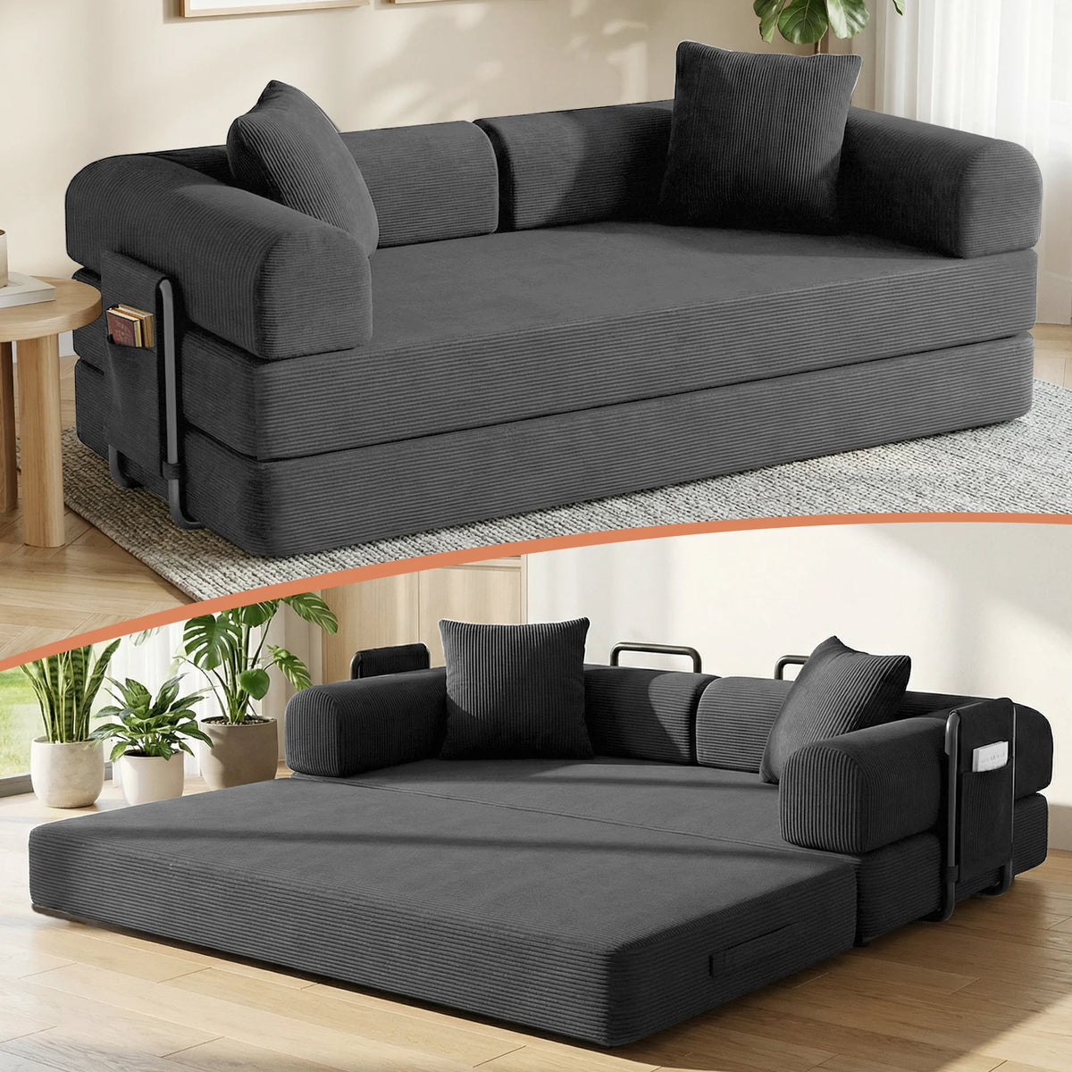 Convertible Compression Sofa Bed High Density Foam Corduroy Upholstery Space Saving Portable Sleeper Sofa for Guest Room Home