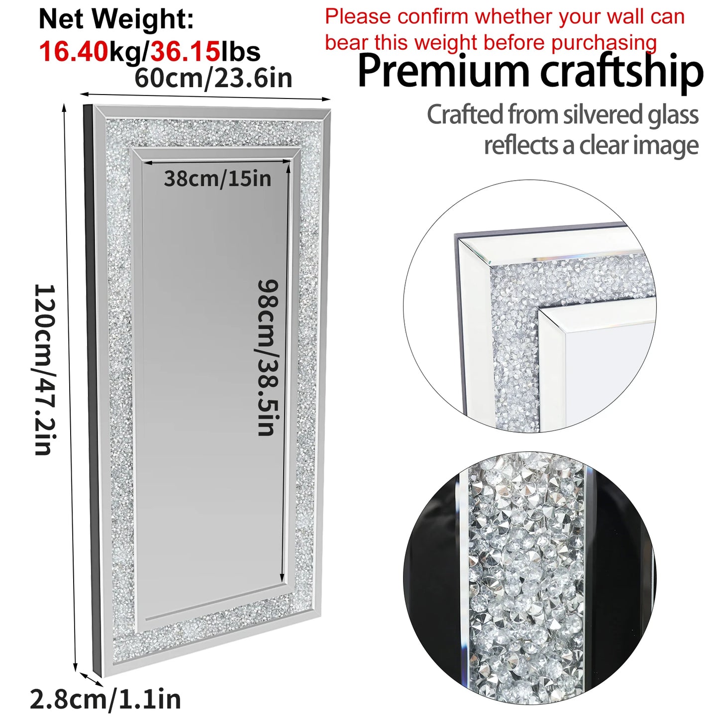 Crystal Crush Diamond Rectangle Silver Wall Mirror For Home Decoration