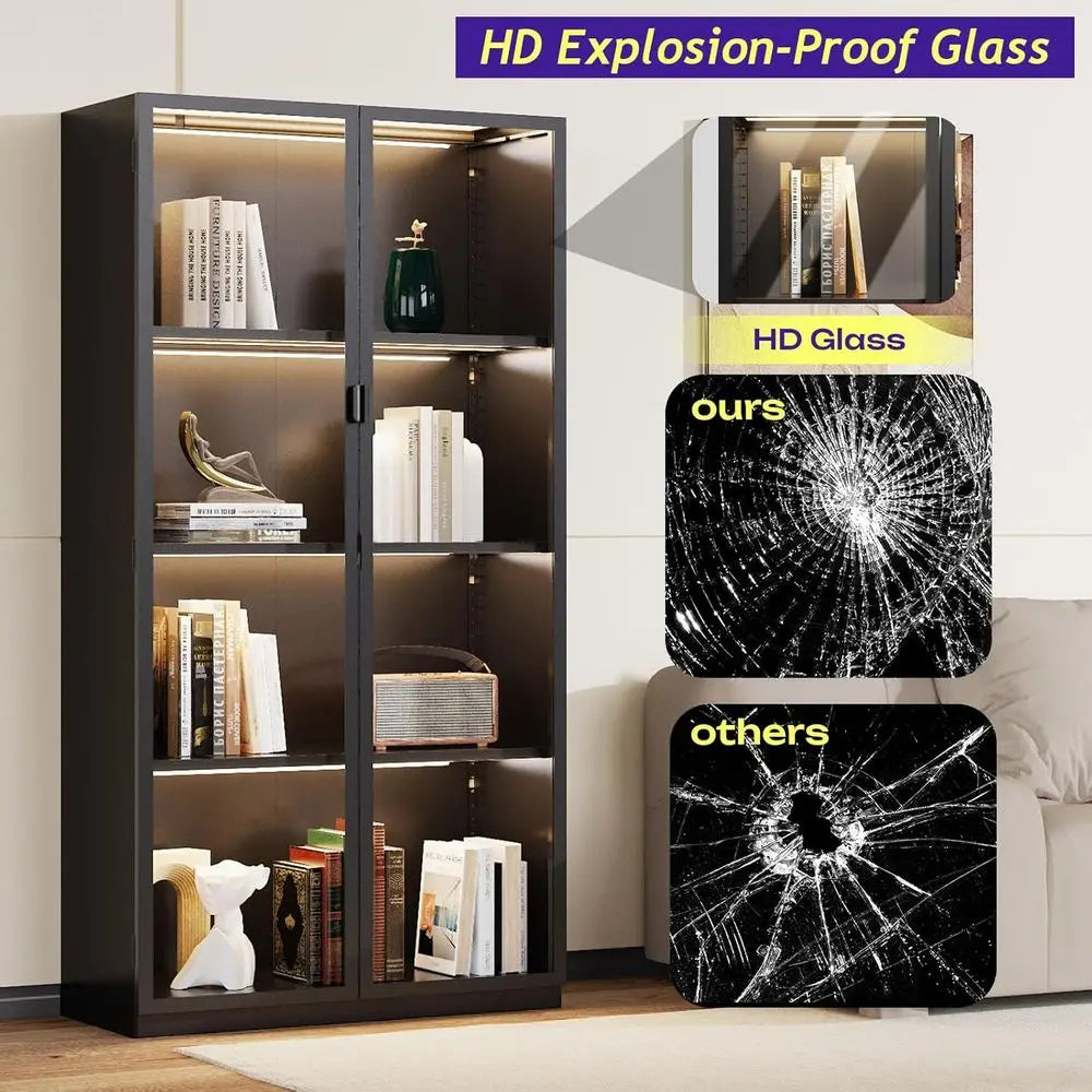 4-Tier Glass Display Cabinet with 3 Color Lights, Adjustable Shelves for Collectibles, Toys, Books, and Figurines - 63 Black