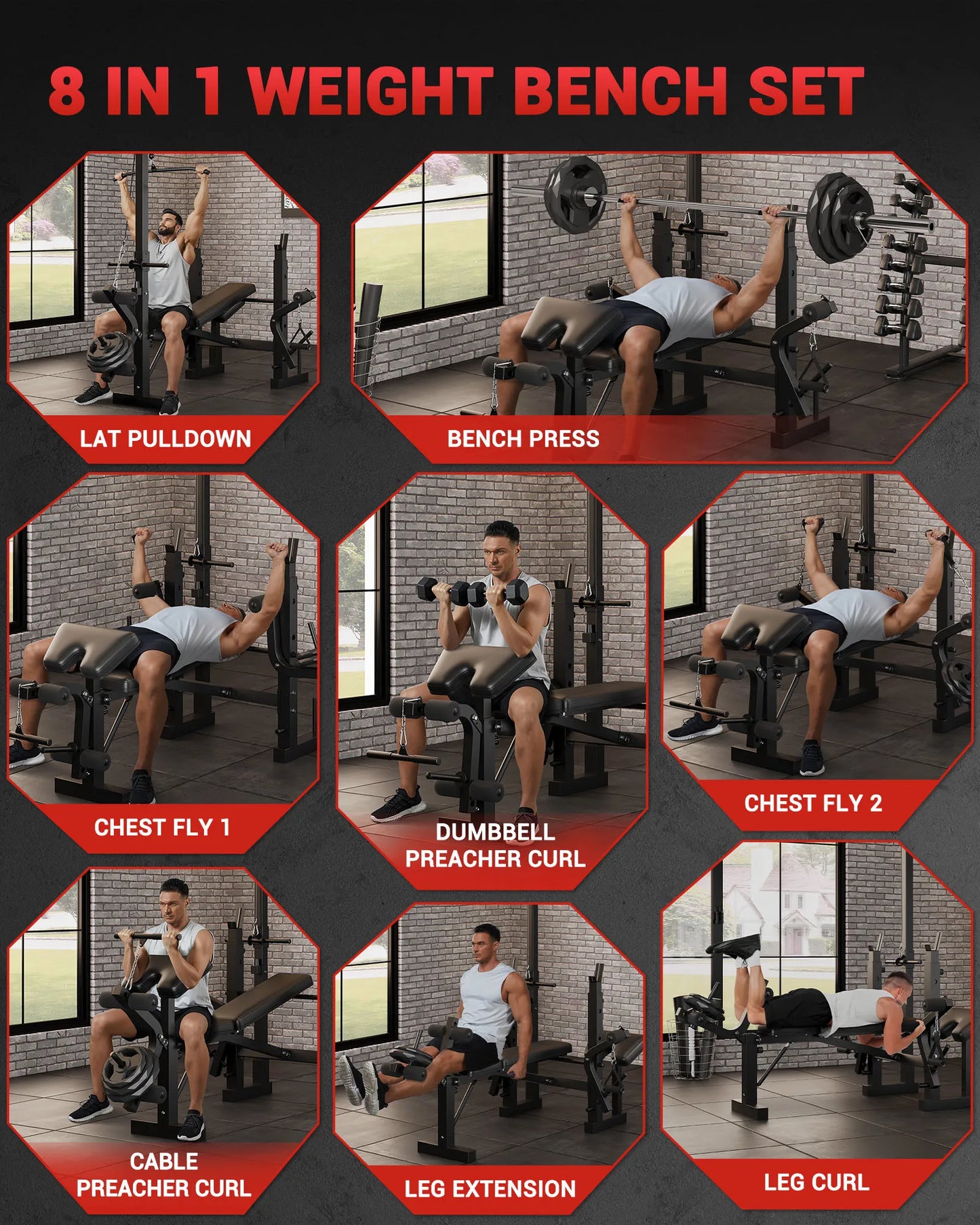 HiMISS Adjustable Weight Bench Set with Leg Developer and Preacher Pad