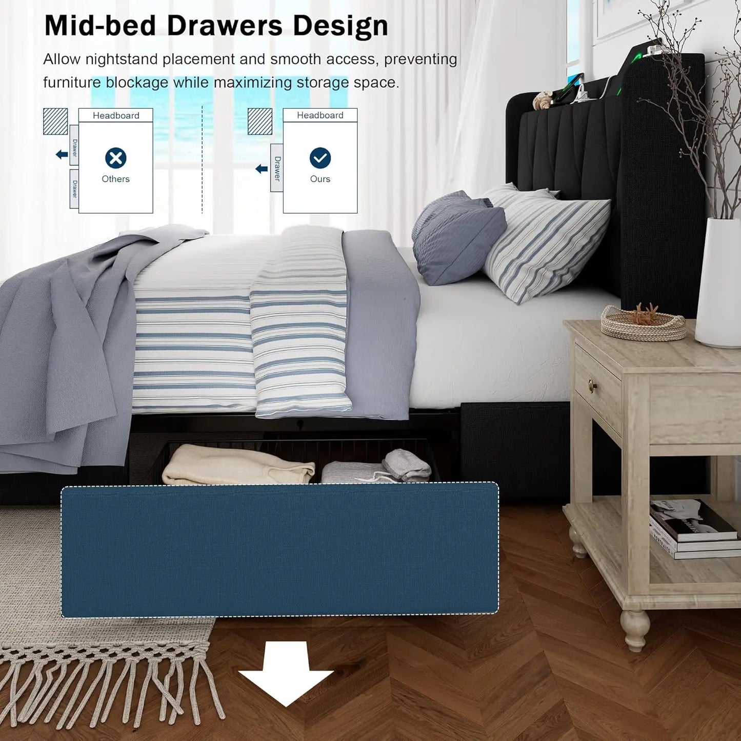 Full Size Upholstered Bed with 4 Storage Drawers, Charging Station, Wingback Headboard, Noise-Free, Black, Customized