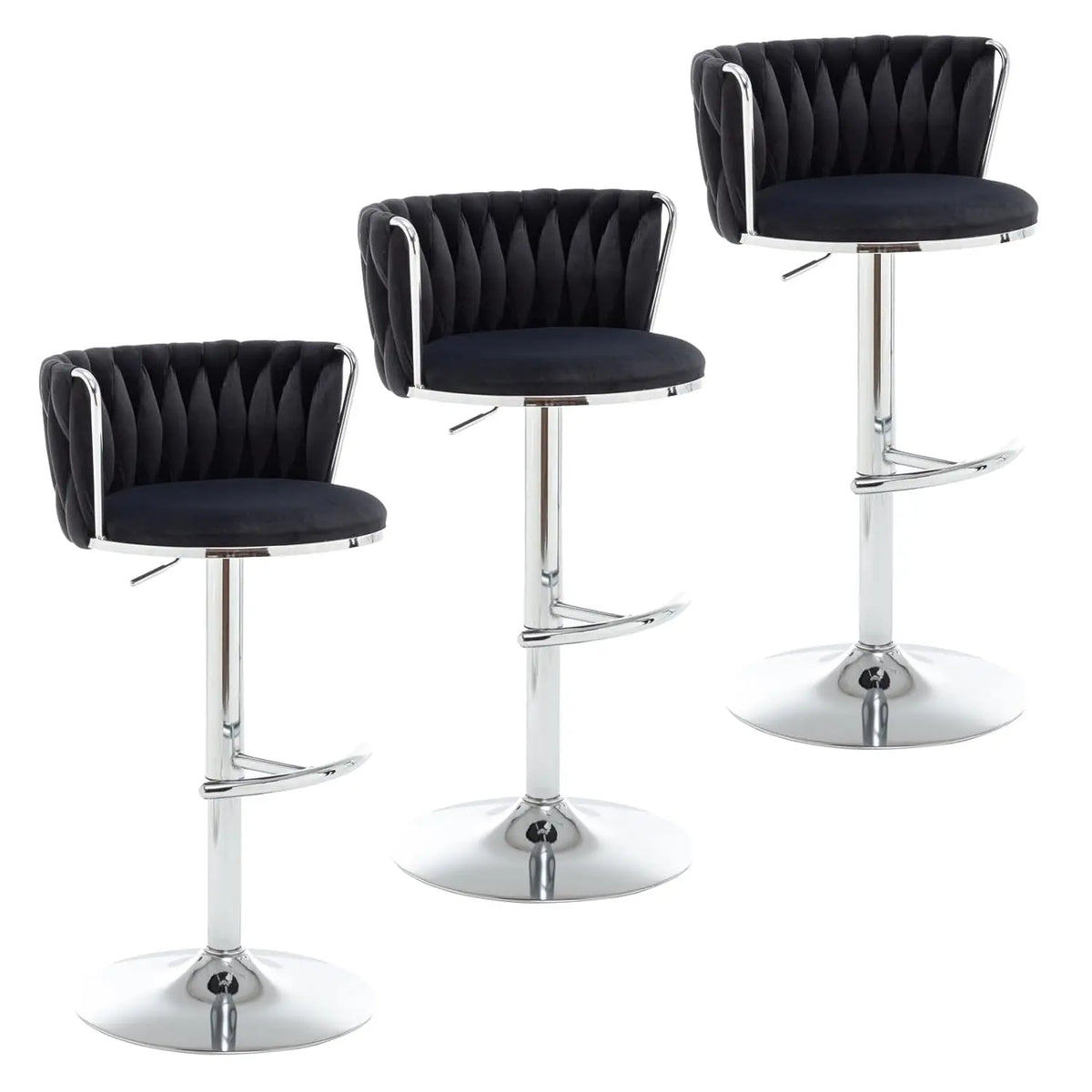 Mid Century Velvet Swivel Bar Stools With Woven Backrest and Support