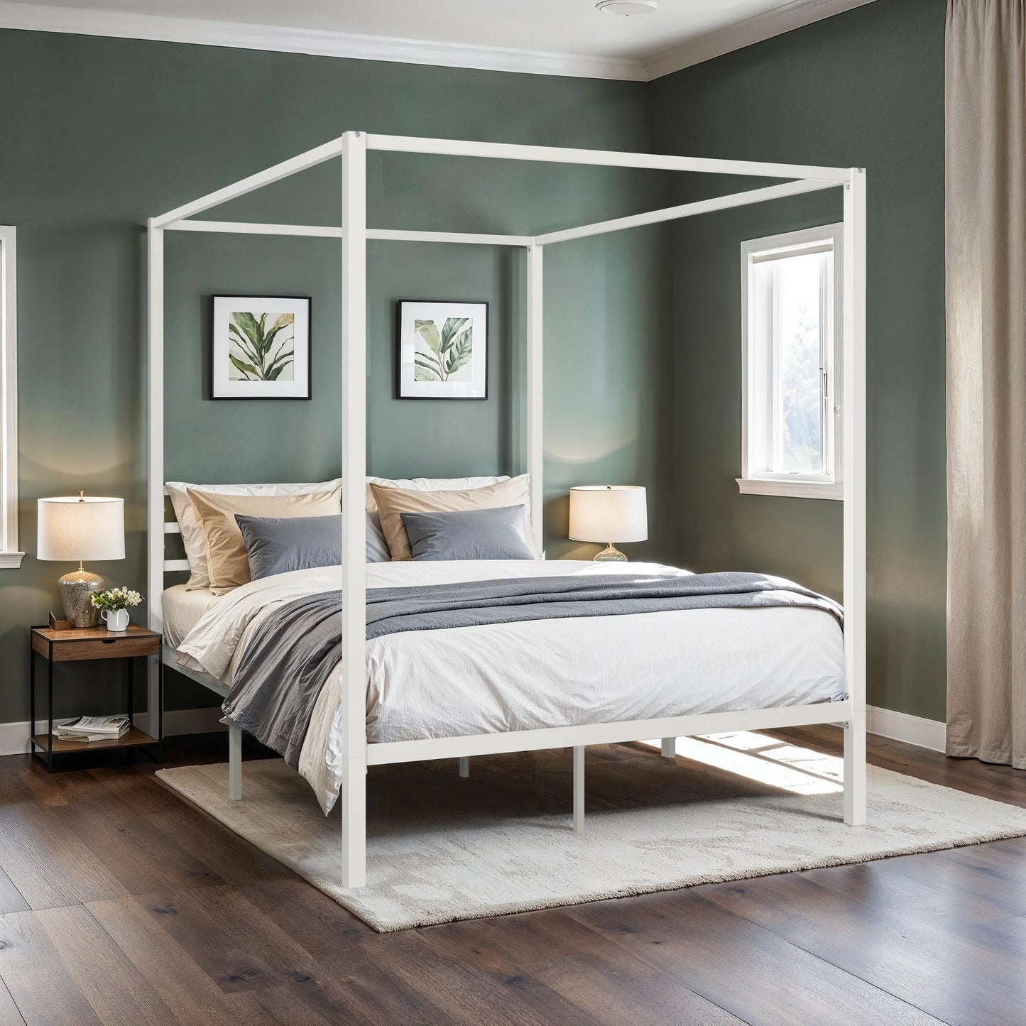 HOOMIC 4-Poster Metal Canopy Bed Frame with Built-In Headboard