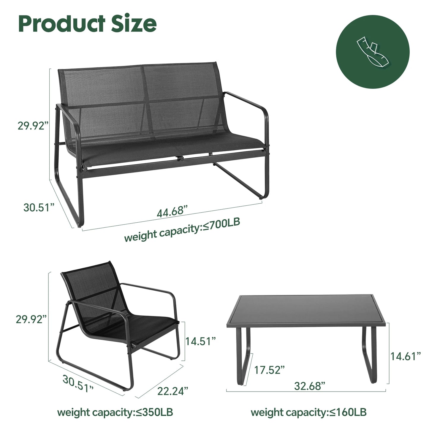 JHK Outdoor 4 Piece Patio Set With Table Metal Frame Lumbar Mesh Backrest