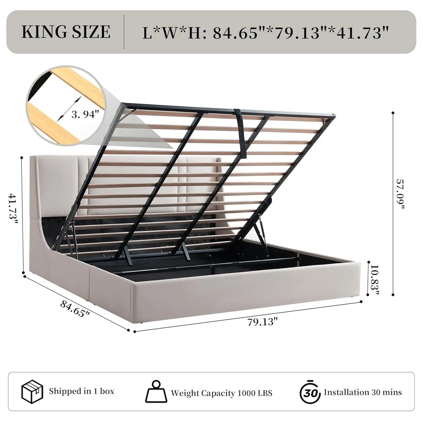 King Size Lift Up Storage Bed Frame, Hydraulic Platform Bed with 41.7" Upholstered Wingback Headboard, No Box, Customized