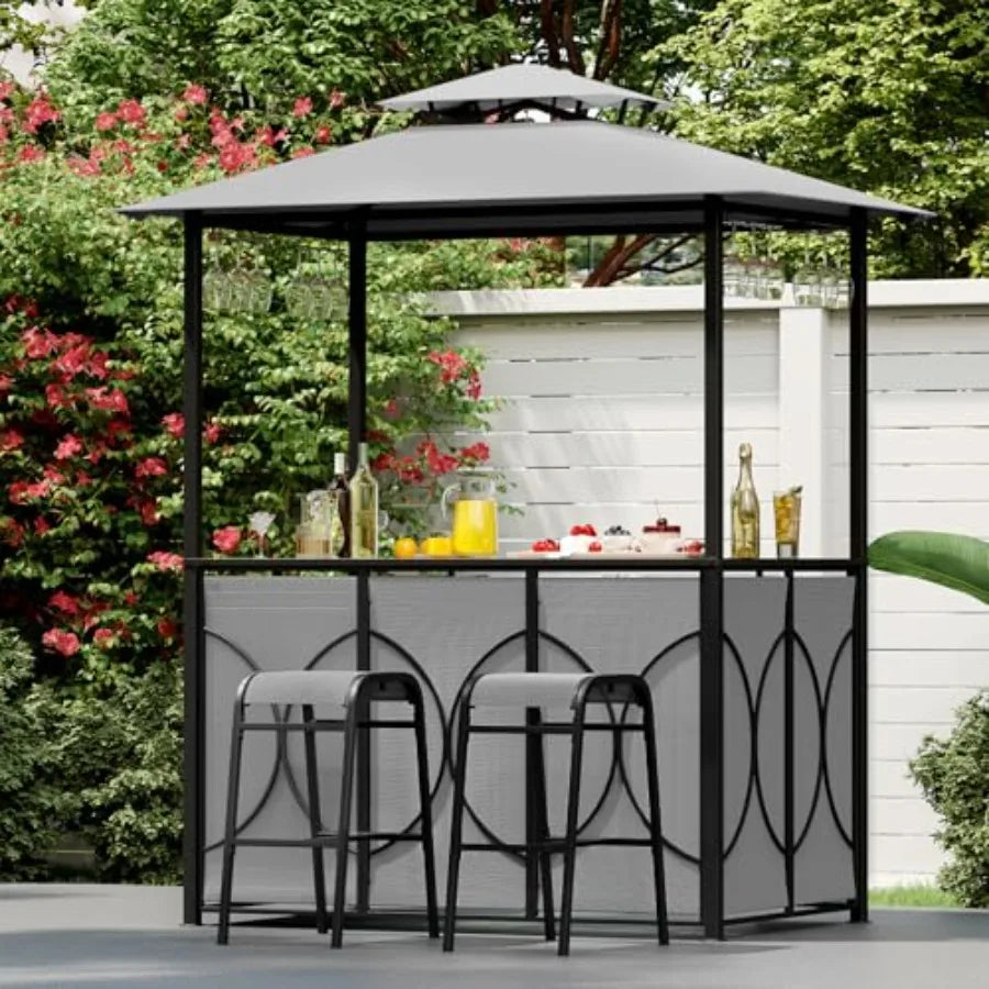 3-Piece Patio Bar Set for outdoor dining: grey powder-coated metal frame, tempered glass bar table, integrated glass holders an