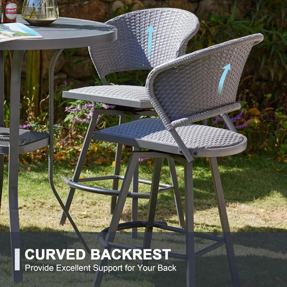 Patio 3 Pieces Outdoor Bar Set, 27.6 Round Bar Height Table with Umbrella Hole and 2 Swivel Rattan Chairs, Outdoor Bistr
