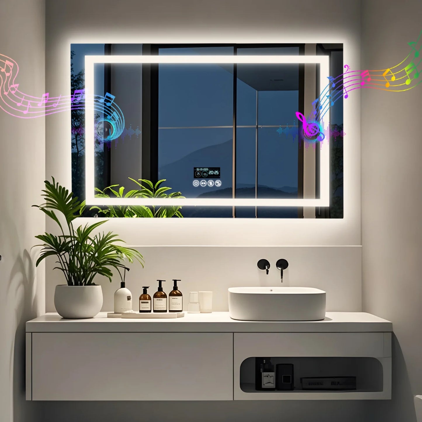 Bluetooth LED Bathroom Mirror With Dual Speakers Antifog Backlight Dimmable