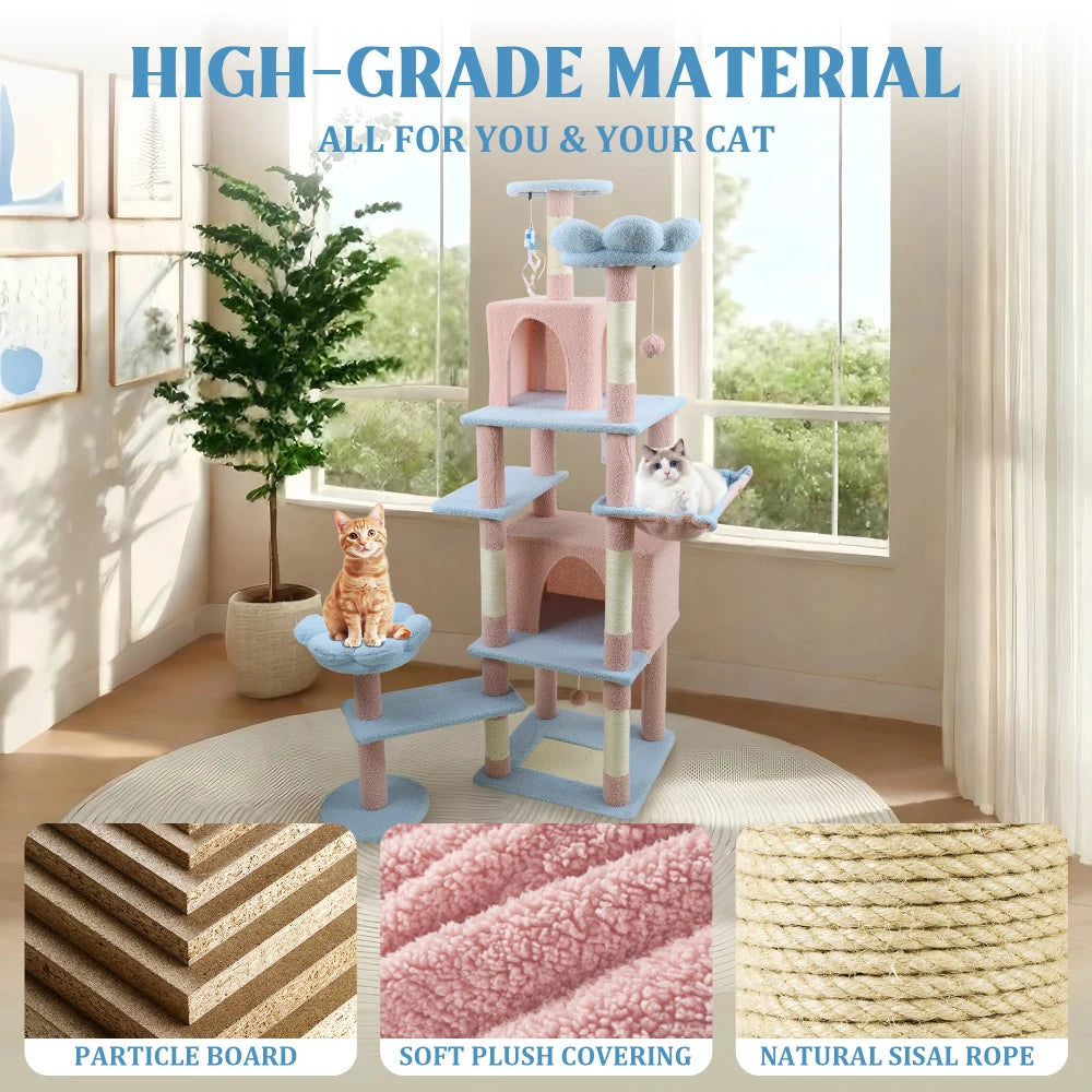 71 Inch Flower Cat Tree, Multi Level Cat Tower Indoor Cats with Large Condo, Removable Flower Cushion, Soft Hammock Pet Products