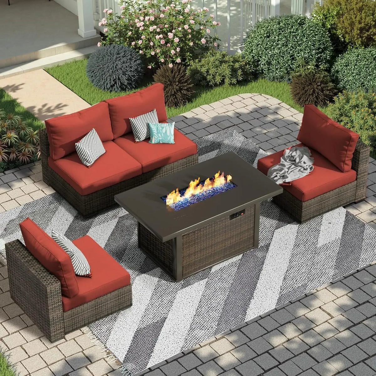 Outdoor Rattan Sectional Sofa Set With Fire Pit Table