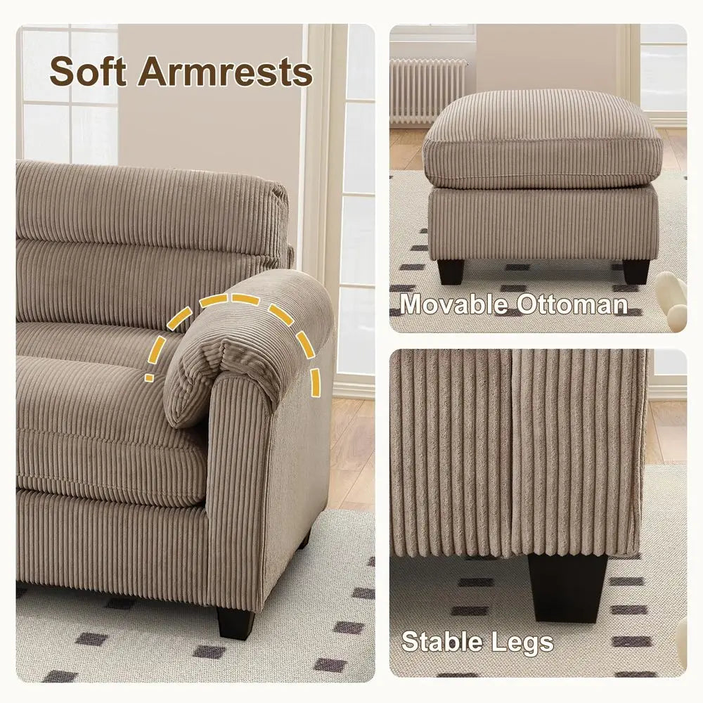 Modern Corduroy Sofa Set with Plush Cushions and Rolled Arms