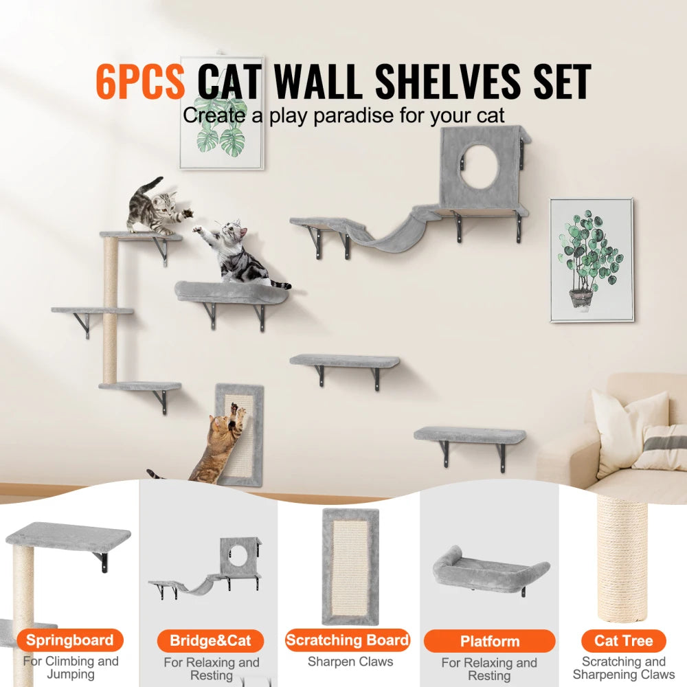 Wall Mounted Cat Shelves Set of 6, Cat Wall Furniture with 2 Jumping Boards, Hammock, Sofa, Cat Tree and Cat Grip, Cat Climbing Shelves and Perches for Sleeping, Playing and Scratching, Supports Cats up to 40 lbs