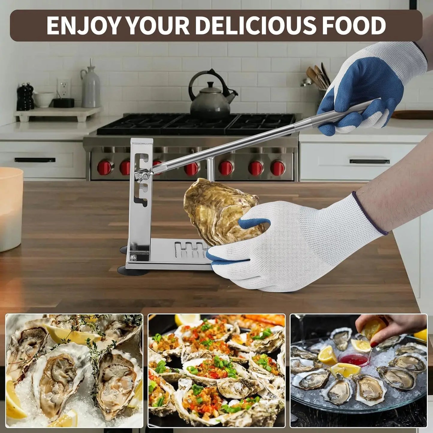 Adjustable Oyster & Clam Opening Tool Set, 4-Level Height Adjustment with Stainless Steel Base, Suction Cups, G-Clamp