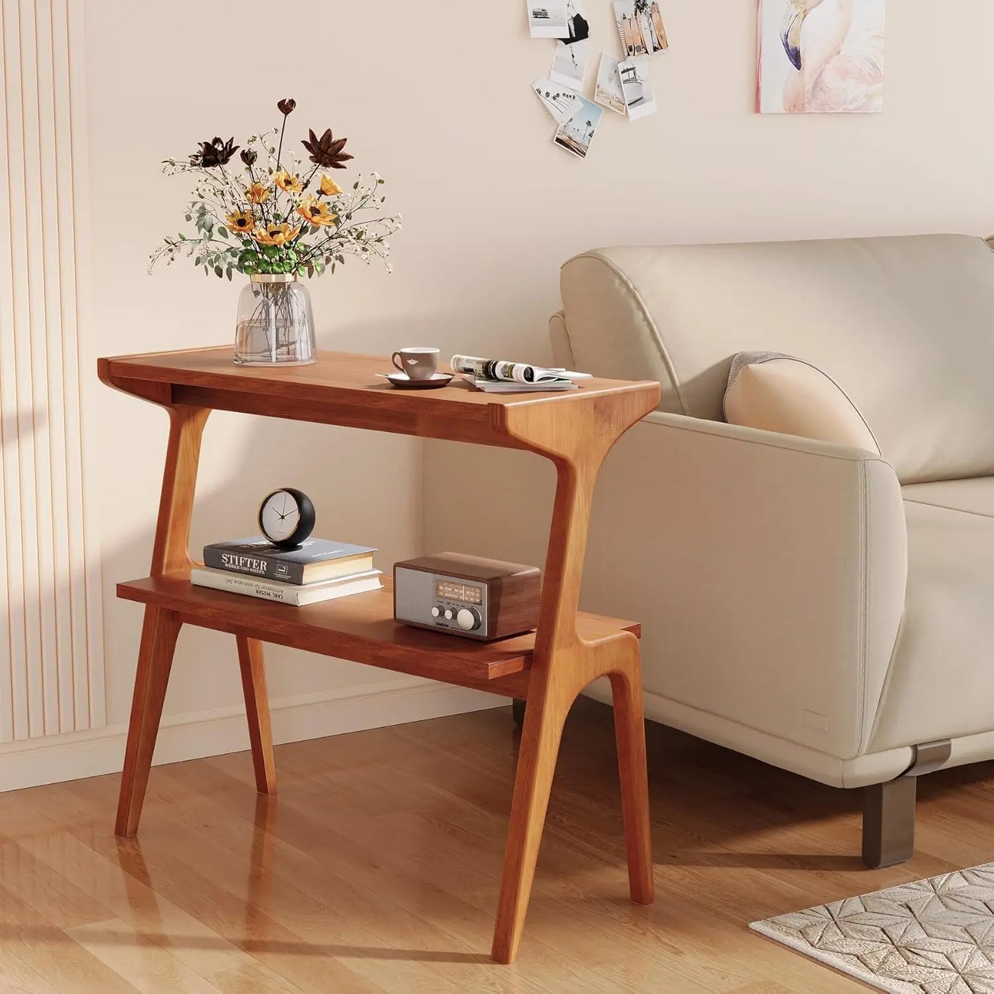 Solid Wood 2-Tier End Table with Storage Shelf, Slim Accent Bedside Sofa Side Table for Living Room Bedroom Small Space, Customi