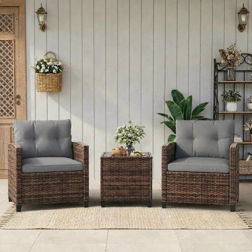 3 Pieces Office Furniture Set for Meeting Relaxation Interview Talking, Outdoor Wicker Rattan Chairs with Side Table, All-Weather Conversation Set with Cushions for Balcony, Porch, Backyard