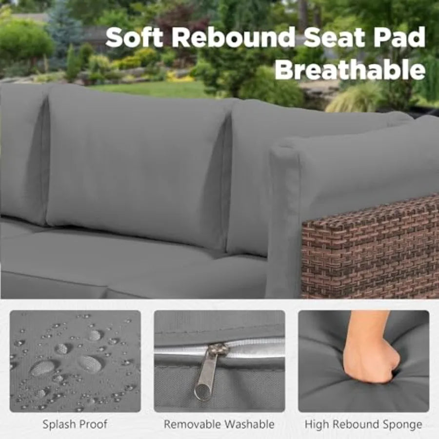 Outdoor patio furniture set: wicker rattan sectional sofa with coffee table and grey cushions, weather-resistant synthetic ratt