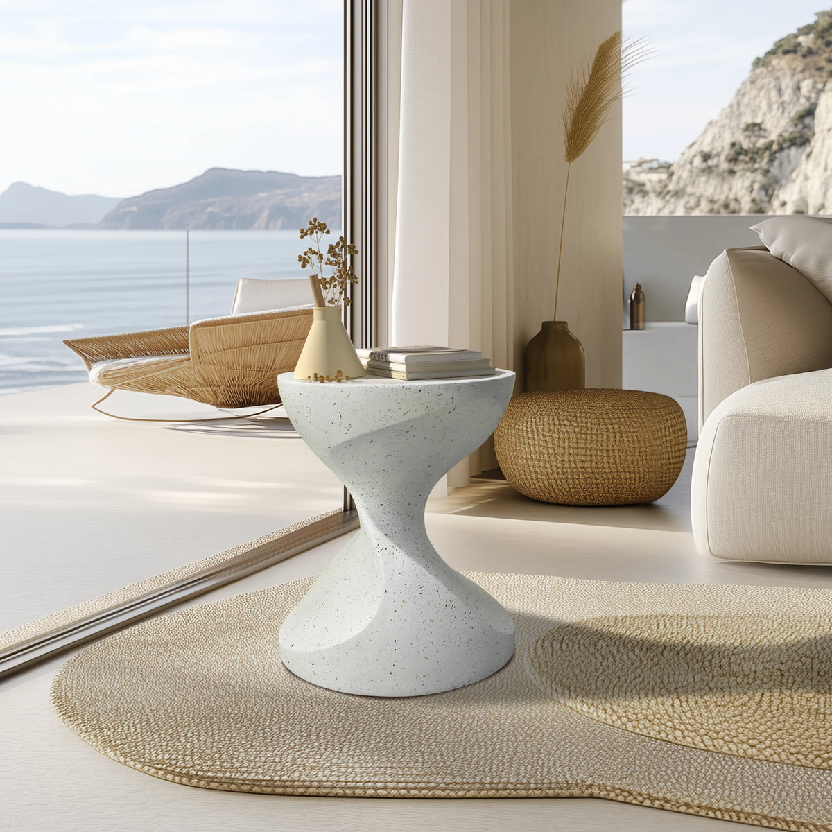 Hourglass Shaped Lightweight Concrete Side Table White Bedside Accent End Table for Living Room, Balcony