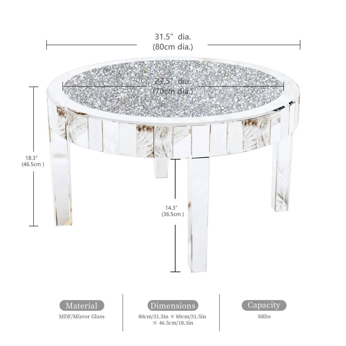FATIVO Large Round Mirrored Coffee Table Beveled Bling Crushed Diamond End Table