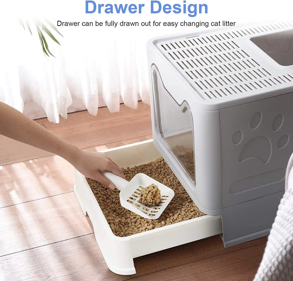 Foldable Hooded Cat Litter Box With Scoop And Storage Drawer
