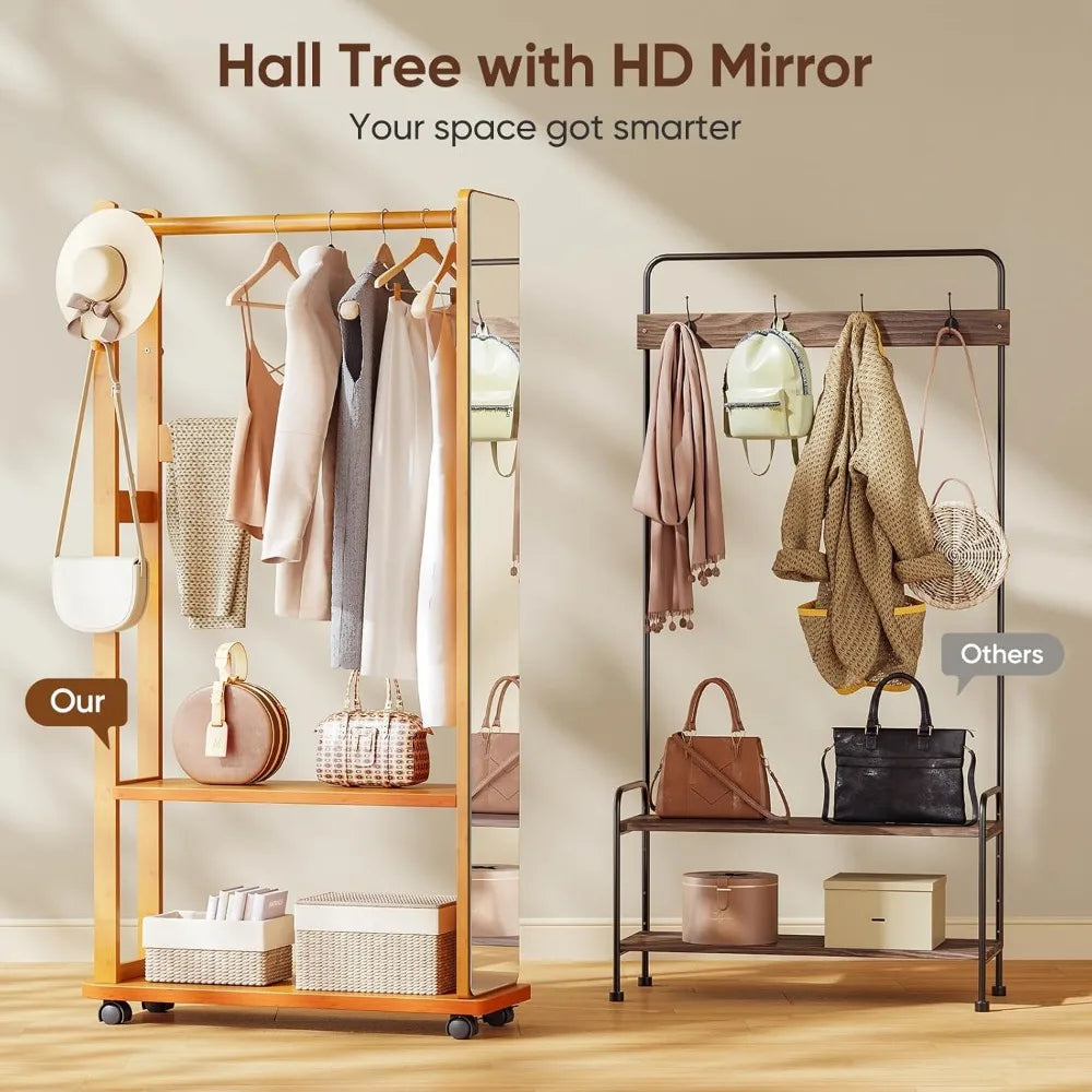 Bamboo Coat Rack, Mirror Coat Tree Stand with Shelves and Hooks, Freestanding Clothes Coat Hanger Stand, Bedroom/Living Room/Ent