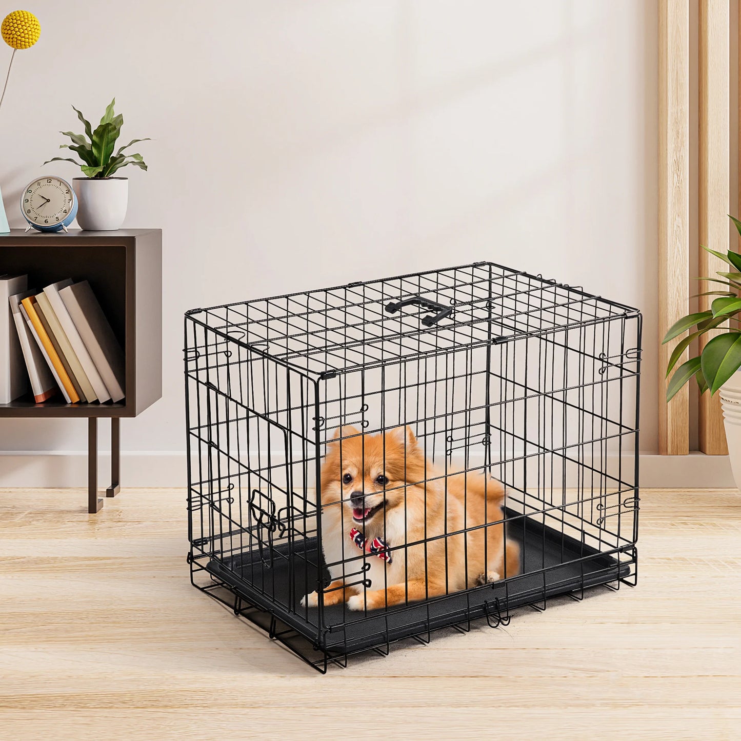 JHK Folding Wire Dog Kennel With Durable Plastic Pan Tray