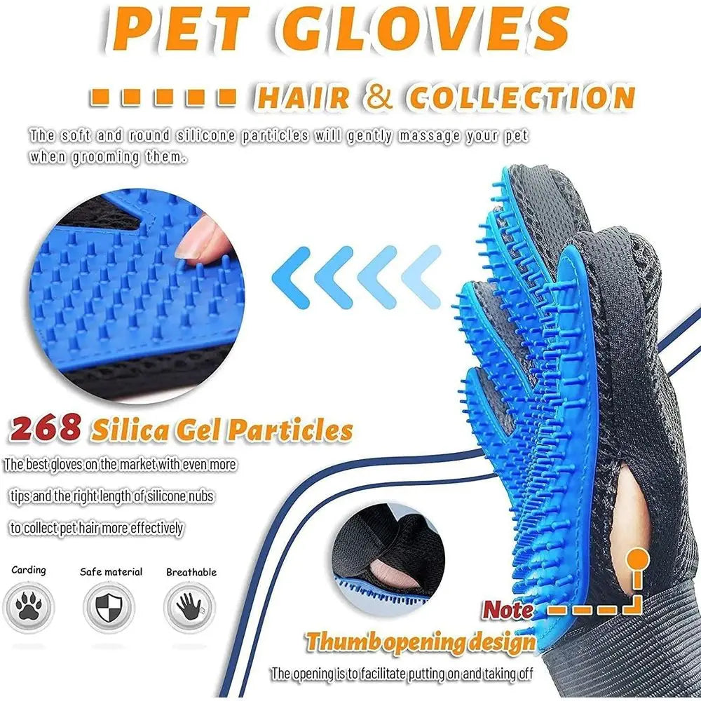 Pet Grooming Glove Hair Remover Brush Gentle Deshedding Efficient Pet Mitt Pet Massage Gloves Left & Right Hand (Blue)