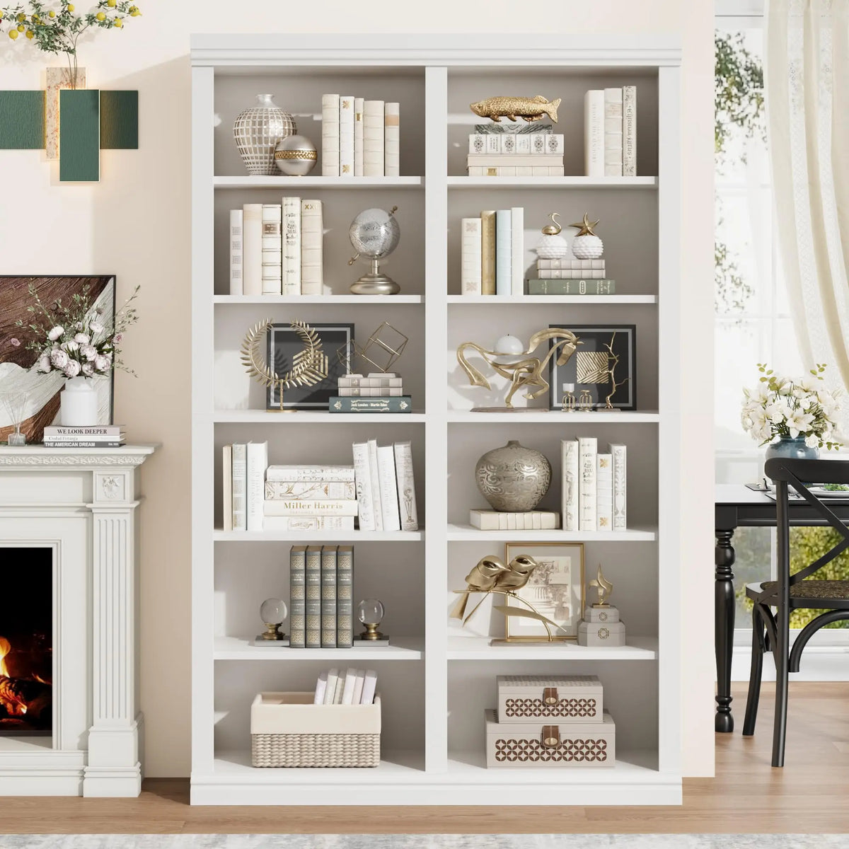 Tall White Open Bookshelf, 6-Tier Double Column Bookcase, Large Freestanding Display Storage Shelving Unit, Decorative Book Shelf for Living Room Home Office