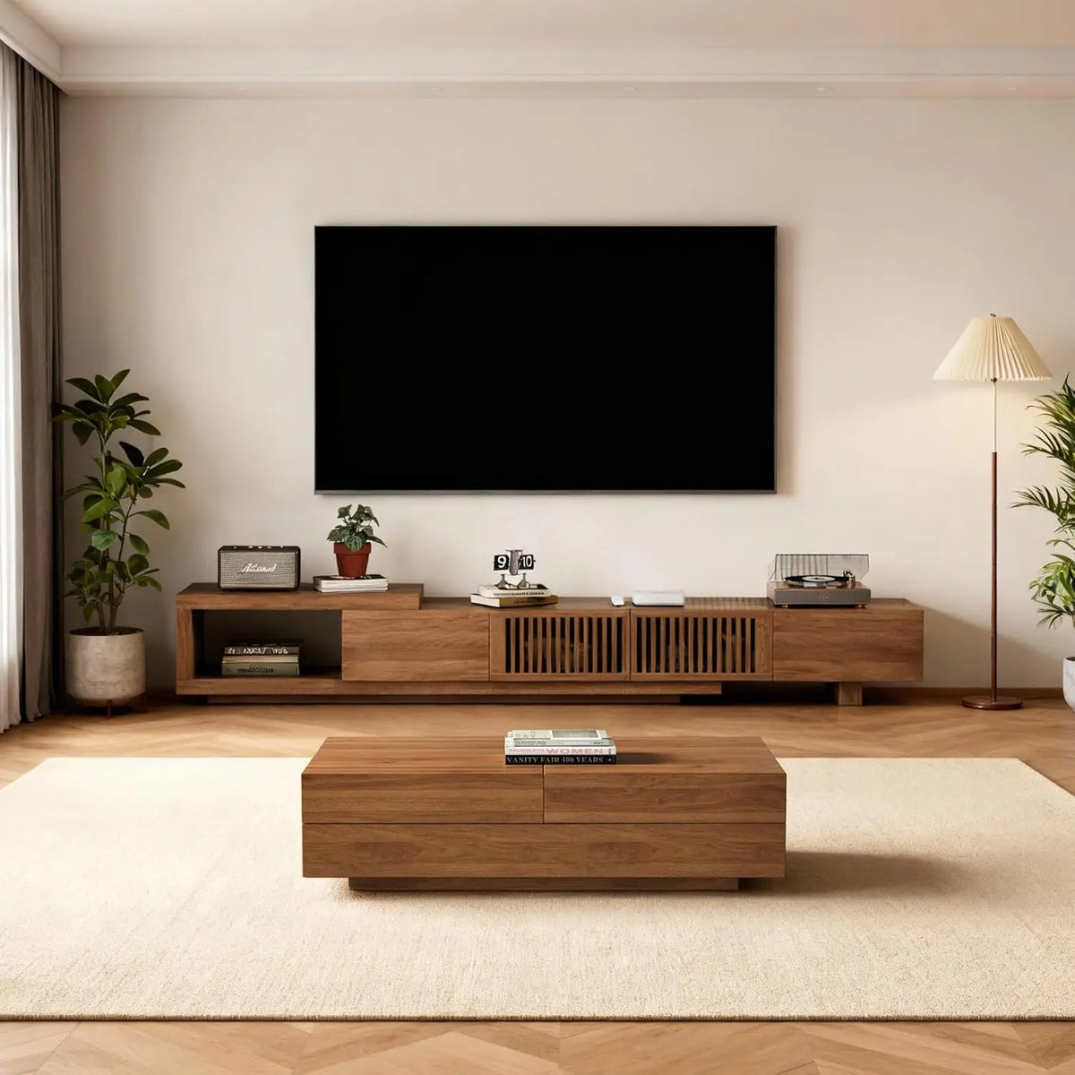 Mid-Century Modern Farmhouse 47.2-81.8" Expandable Coffee Table，Adjustable Center Table with Large Storage for, Customized