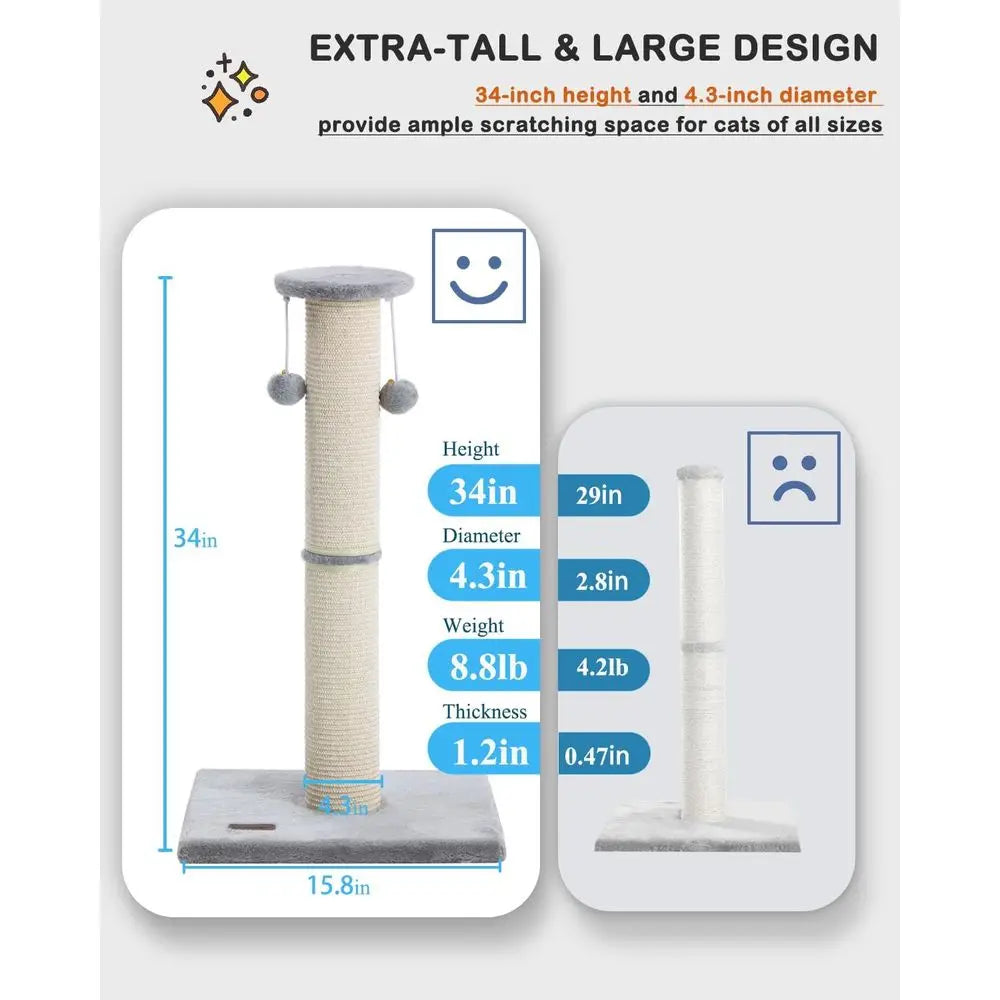 34 Inches Large Sturdy Cat Post with Sisal Scratcher and Hanging Ball Scratching Post for Indoor Cats Adult Grey