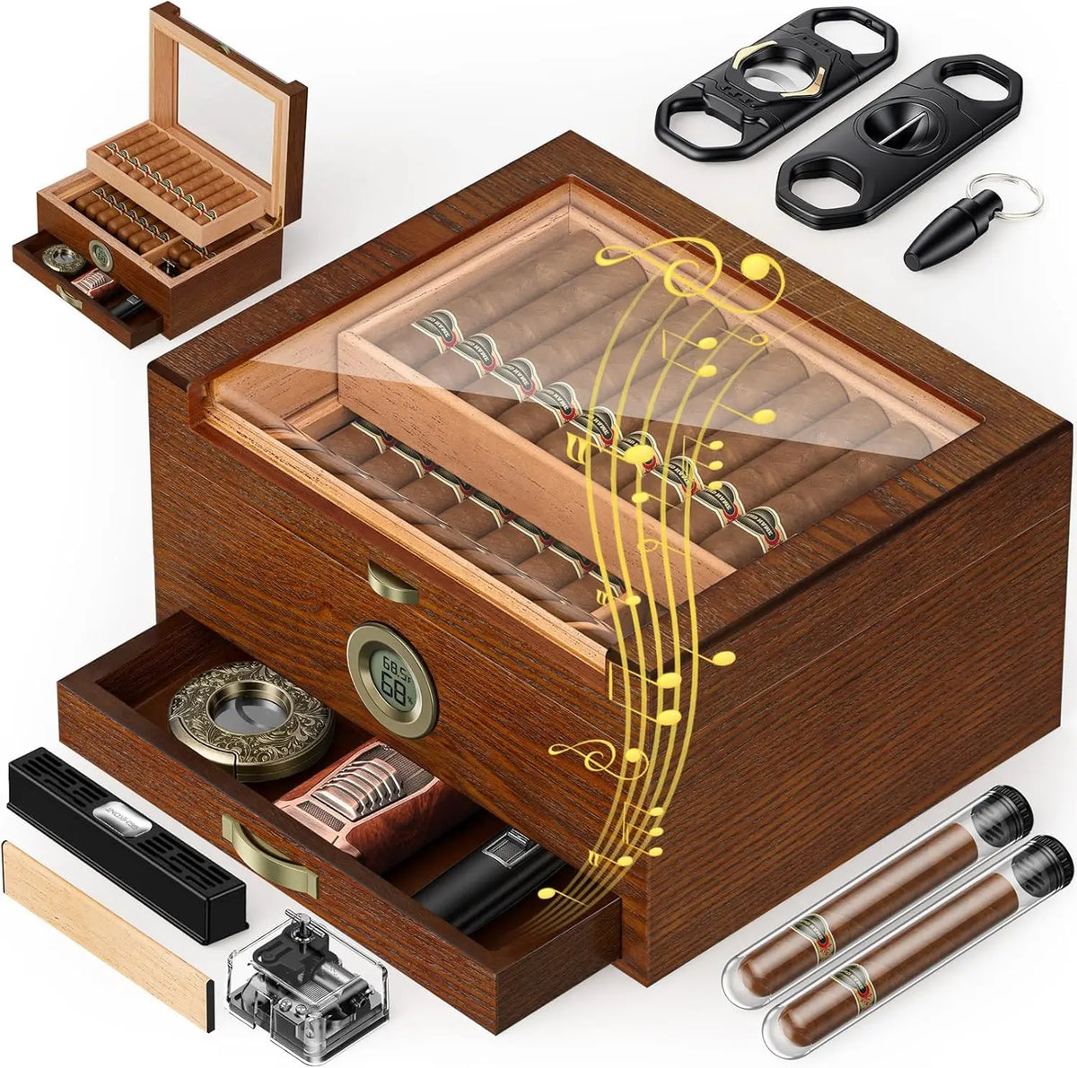 Cigar Humidor With Music Box, Cedar Tray And Digital Hygrometer