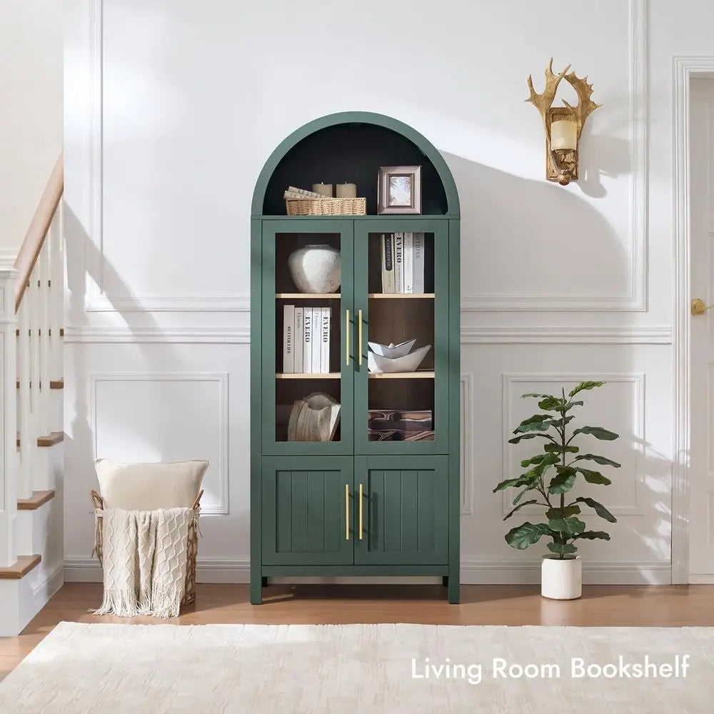 71 Green Arched 5-Tier Display Cabinet with Glass Doors for Living Room, Office, and Kitchen Storage