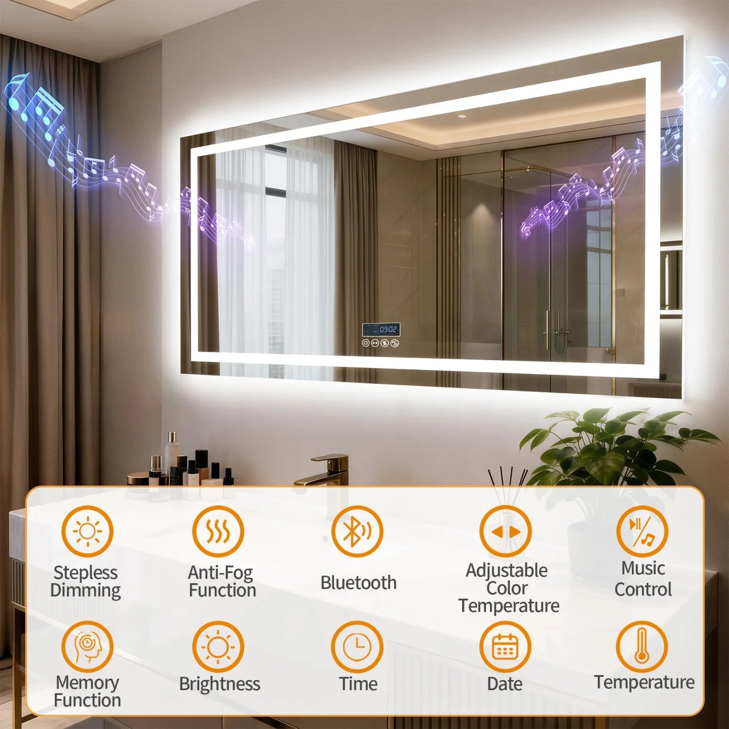 Bluetooth LED Bathroom Mirror With Dual Speakers Antifog Backlight Dimmable