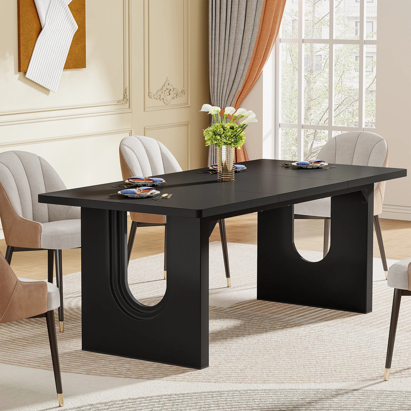 LITTLE TREE Modern Dining Table for 6 to 8 People, 71" Large Kitchen Dining Table with Wood Pedestal Base